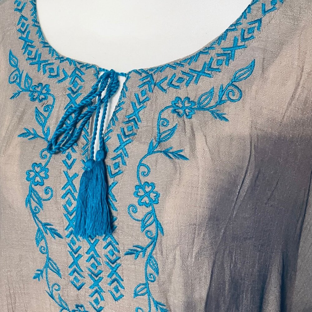 Taupe Boho Style Tunic Top with Turquoise Embroidery and Tassel Tie Bodice NWT - Picture 4 of 6